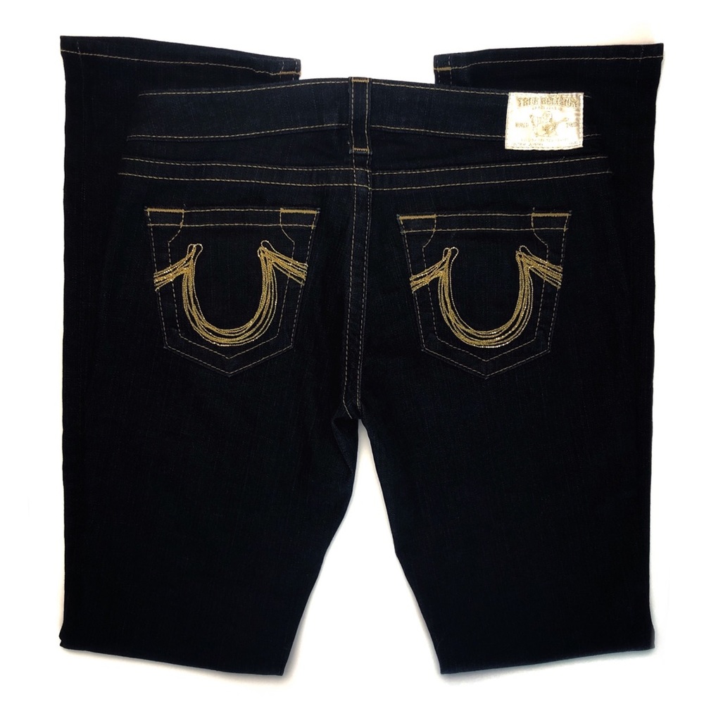 True Religion Dark Wash T Gold Sequin Straight Leg